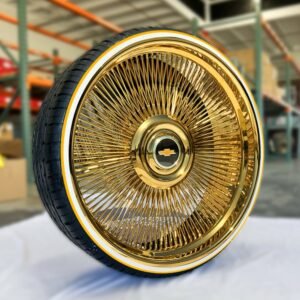 22”,24”,26″ Wire Wheels All Gold Staggered – Direct Bolt with 275/25R26 Whitewall Tires & Gold Stripe (Set of 4)