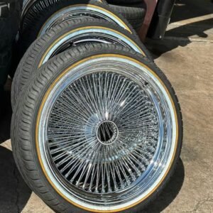 20x8 STANDARD 150 SPOKE CHROME WIRE SPOKE WHEELS RIMS GOLD/WHITE VOGUE TIRES